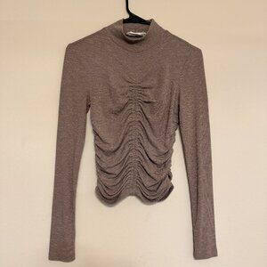 ELODIE Brown Mock Neck Long Sleeve Gathered Ruching Top | S